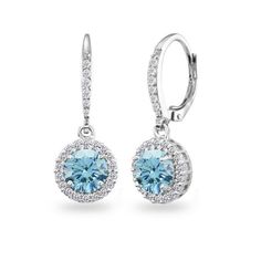 These beautifully attractive earrings feature 7mm round light blue stones made with Swarovski crystals in a cubic zirconia studded halo design. The earrings are crafted of fine sterling silver and secure with leverback closures. These are great earrings for daytime or evening wear and are excellent gifts for women teens and girls. These crystal earrings in fine jewelry are great additions to your Swarovski jewelry and cubic zirconia jewelry collections. Size: one size. Gender: female. Age Group: Light Blue Round Cubic Zirconia Jewelry, Light Blue Cubic Zirconia Jewelry, Blue Sterling Silver Earrings With Halo Setting, Blue Cubic Zirconia Halo Earrings, Blue Halo Cubic Zirconia Earrings, Blue Round Crystal Earrings, Blue Earrings With Sparkling Stones, Halo Design Cubic Zirconia Crystal Earrings, Dangler Earrings