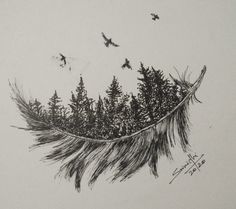 an ink drawing of trees and birds in the sky with a feather on it's tail