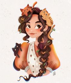 a drawing of a girl with long hair and cats on her head, holding a cat