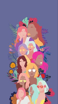 a group of women with different colored hair and glasses on their faces, all in the same