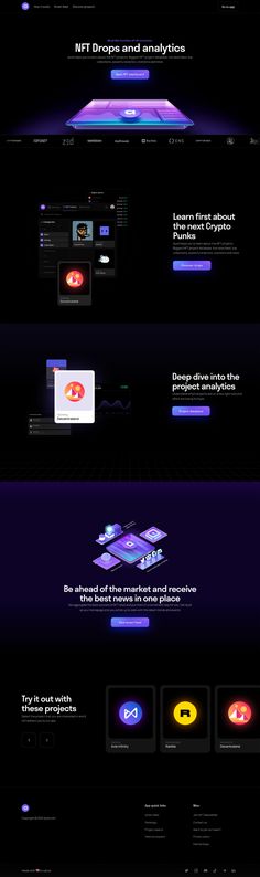 the website design for an electronic company is shown in black and purple tones, with different colors