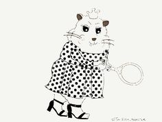 a black and white drawing of a cat holding a tennis racquet