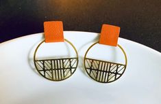 Art Deco Metal Leather Hoops Earrings The Brenda Earring | Etsy Modern Orange Earrings For Everyday Wear, Cardboard Jewelry, Art Deco Metal, Cardboard Jewelry Boxes, Deco Earrings, Recycled Cardboard, Hoops Earrings, Brass Charms, Art Deco Earrings