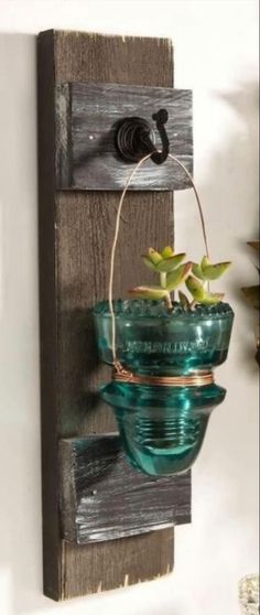 a potted plant is hanging on a wooden wall with two glass bowls attached to it