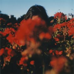 a woman standing in a field of red flowers with her face close to the camera