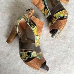 L' Artiste By Spring Step Women's Shooties With Stacked Heel Color: Brown, Tan, Yellow, And Teal. Size: 36 But Fits Like A 37 (6.5-7m). Style: Brooke Length 9 1/4", Width 3 1/4" Heel 3 1/8", Platform 5/8" New In Box With Dustcovers For Each Shootie. Yellow Sandals With Wooden Heel For Spring, Vintage Yellow Heels With Round Toe, Yellow Stacked Heel Round Toe Heels, Yellow Round Toe Heels With Stacked Heel, Yellow Heels With Stacked Heel And Round Toe, Yellow Low Heel Leather Heels, Yellow Heels With Heel Strap And Medium Width, Yellow Heels With Wooden High Heel, Yellow High Heels With Wooden Heel