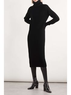 Turtle Neck Dress Outfit, Black Turtleneck Dress, Saint Laurent Dress, Winter Work Wear, Turtleneck Midi Dress, Turtleneck Dress, Wool Turtleneck, Midi Sheath Dress, Ribbed Turtleneck