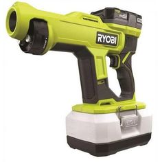 a green and white cordless drill is on top of a white base with a black handle