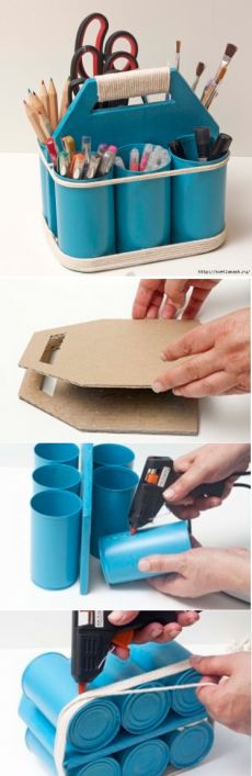 three pictures showing different ways to organize the contents of a container with scissors, pens and pencils