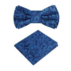 Dark Blue with Light Blue Palm Leaves Bow Tie Introducing our exquisite luxury silk bow tie, a captivating piece that combines timeless elegance with a touch of tropical charm. The dark blue backdrop sets the stage for an enchanting display of blue palm leaves, evoking a sense of wanderlust and relaxation. This bow tie is the perfect accessory for those seeking a sophisticated yet adventurous style. Paired with the bow tie, we offer an accenting solid blue pocket square that harmonizes seamlessl Classic Blue Suit And Tie Accessories For Summer, Blue Bow With Bow Tie Back For Wedding, Blue Suit And Tie Accessories For Black Tie Events, Blue Bow Tie With Butterfly Knot For Formal Events, Blue Tie With Bow Tie Back As A Gift, Blue Bow Tie As A Gift, Blue Satin Bow Tie For Black-tie Events, Blue Tie With Decorative Bow For Parties, Blue Bow Ties For Black Tie Occasions