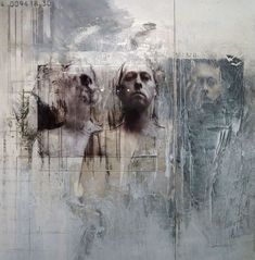 an abstract painting of two men looking at each other with different faces and haircuts on them