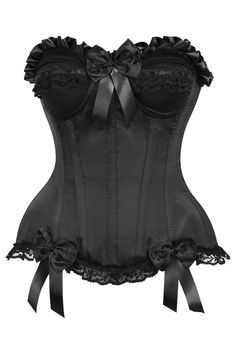 Fullbust corset made of premium satin fabric Hidden side zipper closure Underwire cups Spiral Steel boning throughout Flat steel boning in the back Lace-Up Back for cinching Dry Clean Only Satin Underbust Corset Dress With Corset Back, Satin Overbust Corset Dress With Corset Back, Satin Corset Dress With Underwire, Black Satin Corset With Sweetheart Neckline, Fitted Satin Corset Dress In Coquette Style, Black Satin Underbust Corset Dress, Satin Underbust Bodice, Black Satin Corset Dress With Boning, Underbust Satin Corset With Straps