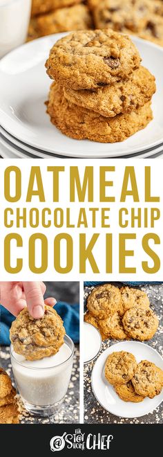 oatmeal chocolate chip cookies are stacked on top of each other with the title above it