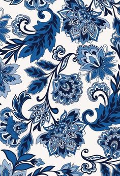 a blue and white floral pattern on a white background, with lots of flowers in the middle