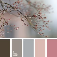 the color scheme is pink, brown and gray with some red berries on it's branches