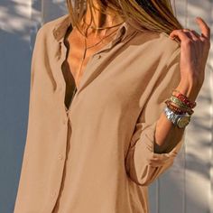 %100 Viscose Women Shirts Only Khaki Color Avaliable Casual Beige Office Top, Casual Beige Blouse For Office, Casual Beige Office Blouse, Beige Solid Workwear Shirt, Beige Solid Color Workwear Shirt, Beige Workwear Shirt, Beige Solid Color Shirt For Work, Casual Beige Office Shirt, Brown Summer Office Tops