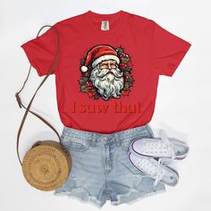 Spread holiday cheer with a humorous touch wearing our Santa 'I Saw That' T-shirt! Embrace the joy of the season with this whimsical tee featuring Santa's knowing gaze and the playful phrase 'I Saw That.' Crafted for comfort and a dash of festive humor, this tee is perfect for adding a light-hearted touch to your holiday wardrobe.Want to spend every day in the comfort of Saturday morning? Slip on a Comfort Colors 1717 Adult Tee and enjoy the softness of 100% USA grown ring-spun cotton. The fabri Fun Christmas T-shirt For Holiday, Funny Holiday T-shirt With Graphic Print, Fun Red T-shirt, Funny Print T-shirt For Christmas Gift, Funny Crew Neck T-shirt For Winter, Novelty Christmas Crew Neck Top, Christmas Novelty Crew Neck Tops, Red Novelty T-shirt With Crew Neck, Novelty Crew Neck Tops For Christmas