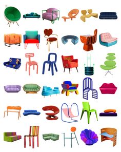 an assortment of different colored chairs and tables