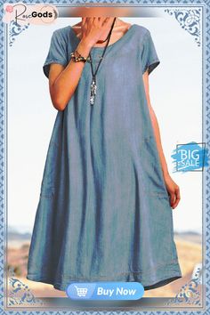 Casual Denim A-line Women Dress Casual A-line Denim Dress For Fall, Casual A-line Midi Dress For Spring, Casual A-line Dress With Relaxed Fit, Casual Non-stretch Midi Dress With Pockets, Casual A-line Dresses With Pockets, Casual Solid Color Denim Summer Dress, Casual Short Sleeve Denim Blue Midi Dress, A-line Denim Dress With Pockets, Medium Wash Cotton A-line Denim Dress