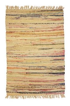 a multicolored rug with fringes on the top and bottom, against a white background