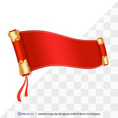 a red ribbon with gold trim on it is hanging from the side of a white wall