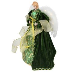 a green angel figurine with white wings and gold trimmings on it's body