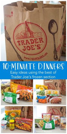 a collage of images showing different types of food in paper bags with the words trader joe's written on them