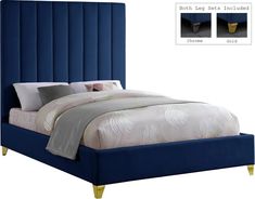 a bed with blue upholstered headboard and two pillows on the bottom side