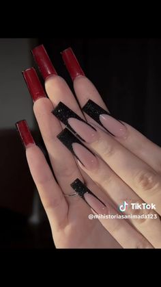 Red And Black Nail, Red Bottom Nails, Customized Nails, Long Square Nails, Tapered Square Nails, Black Acrylic Nails, Red Acrylic Nails, Tapered Square