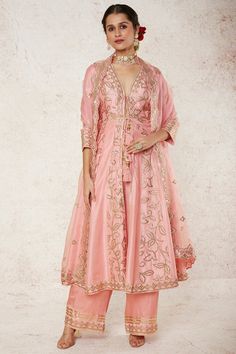 Gopi Vaid-Ishanya Pink Anarkali Set-INDIASPOPUP.COM Organza Sharara, Pink Anarkali, Silk Cape, Sharara Pants, Chiffon Long Dress, Anarkali Kurta, Lace Peplum, Sharara Set, Indian Fashion Designers