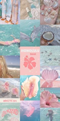 a collage of photos with pink flowers and shells on them, including the words hawaii