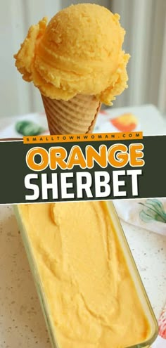 an orange sherbet ice cream in a plastic container with the title overlay