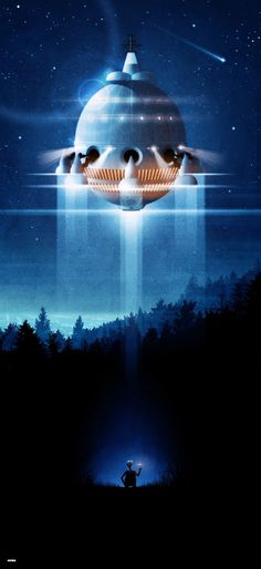 an alien spaceship flying through the night sky with two people on it's back