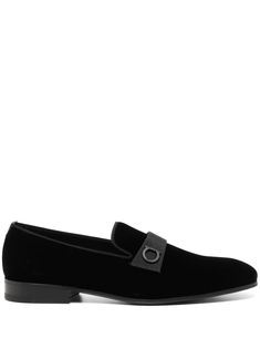 black calf leather velvet branded leather insole Gancini plaque almond toe slip-on style rubber sole Luxury Slip-ons With Rubber Sole For Semi-formal Occasions, Elegant Formal Slip-ons With Textured Sole, Luxury Semi-formal Slip-ons With Rubber Sole, Luxury Formal Loafers With Textured Sole, Luxury Slip-ons For Formal Occasions, Tuxedo Slippers, Elegant Slip-on Loafers With Suede Lining, Luxury Slip-on Dress Shoes With Textured Sole, Elegant Loafers With Contrast Sole And Plain Toe