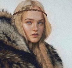 a woman with blonde hair and blue eyes wearing a fur coat, braided headband