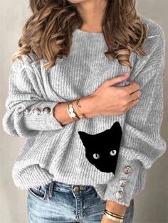 Gray Casual Tops Round Neck Long Sleeve Cat Printed Sweater Supreme Aesthetic, Crewneck Outfits, Clothes Essentials, Vintage Striped Shirt, Women Tips, Classy Clothes, Cheap Sweaters, Dress Well, Womens Style