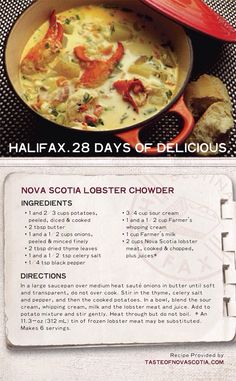 an advertisement for the halfax 3 days of deliciouss menu with lobster chowder