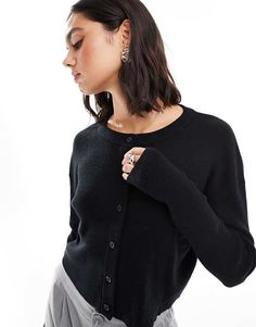 ASOS DESIGN slim fit cardigan with crew neck in black | ASOS Black Crew Neck Trendy Cardigan, Chic Black Crew Neck Cardigan, Fitted Everyday Sweater With Buttons, Trendy Sweater With Button Closure For Everyday, Fitted Sweater With Buttons For Everyday, Everyday Fitted Sweater With Buttons, Fitted Everyday Cardigan, Black Buttoned Crew Neck Sweater, Black Crew Neck Sweater With Buttons