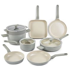 an assortment of pots and pans are shown in this image, including one with a lid