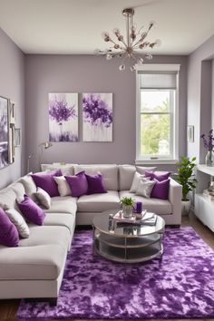 a living room with purple and white decor