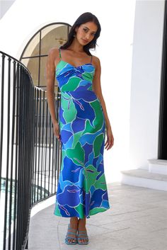 Length from shoulder to hem of size S: 133cm. Chest: 38cm, Waist: 33cm, size S. Maxi dress. Blue, green, purple. Semi-lined. Model is a standard XS and is wearing size XS. True to size. Non-stretch. Satin. Straight silhouette. Zipper. Cold hand wash only. Polyester. Love the 'fit you're in with the Patch Up Satin Maxi Dress. Featuring a gorgeous straight silhouette and a vibrant pattern design. Style with heels and curls for the best pictures! Tropical V-neck Maxi Dress For Party, Blue Tropical Print Beach Dress As Cover-up, Spring Tropical Print V-neck Maxi Dress, Tropical V-neck Maxi Dress With Vibrant Print, Tropical Multicolor Midi-length Maxi Dress, Atami, First Day Outfit, Bridal Shower Dress, Shower Dresses