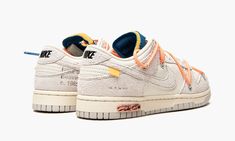 The Off-White x Nike Dunk Low “Lot 19” is one of fifty colorways of the retro basketball, skate, and lifestyle shoe designed by Virgil Abloh for the “Lot 50” collection. Released by Nike in August 2021, “Lot 50” succeeded Abloh’s influential “The 10” collaboration with Nike and Jordan that saw models like the Air Jordan 1, Nike Air Max 97, and others, undergo dramatic changes. Here, on “Lot 19,” Sail leather appears on the perforated toe, mid-panel, collar, and heel. Both the overlays and Swoosh Nike Dunk Low Off White, Off White Dunk, Off White X Nike, Perfect Sneakers, Baskets Nike, Nike Brand, Jordan 13, Jordan 5, Jordan 3