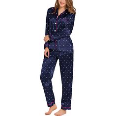 Experience ultimate comfort and style with our Two Piece Sleepwear Pajama Set. Crafted with your relaxation in mind, this ensemble ensures a perfect night's sleep.The classic design and attention to detail make this sleepwear set a timeless addition to your collection. Whether you're winding down after a long day or enjoying a leisurely morning, these pajamas provide the perfect blend of comfort and style.Features: Materials: This lightweight pajama set is made of lightweight silk satin, which i Blue Long Sleeve Sets For Relaxation, Blue Relaxed Fit Sleepwear For Night, Navy Long Sleeve Sleepwear For Loungewear, Blue Relaxed Fit Sleepwear, Bridal Sleepwear, Silky Pants, Silk Pajamas Women, Comfy Sets, Pajamas Comfy