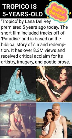 Dec. 4, 2018: Five years ago today, Lana Del Rey released her short film 'Tropico' #LDR Ldr Paradise, Lana Del Rey Lyrics, Lyric Quotes, Record Producer, American Singers