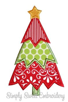 a red and green christmas tree with gold star on it's top embroidery design