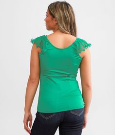 Women's Ruffle Strap Tank Top In Green By Daytrip., Women's Seagreen Satin lined tank Bust measures 32 on size small Body length 22 on size small. Self: 96% Polyester 4% Spandex. Lining: 100% Polyester. Turn inside out. Hand wash cold. Do not bleach. Lay flat to dry. Cool iron on reverse if needed.. Measurements: Bust -Fullest part of bust with arms at sides. Waist -Circumference of natural waist: above belly button below rib cage. Hips -Standing with feet together fullest part of hips. WOMEN'S Fitted Green Tank Blouse, Chic Green Tops With Ruffled Straps, Green Ruffled Tank Top For Summer, Stretch Tank Top With Ruffles, Green Ruffled Tank Top For Spring, Sleeveless Green Blouse For Brunch, Green Sleeveless Tank Top With Ruffles, Green Stretch Top With Ruffles, Casual Green Ruffled Tank Top