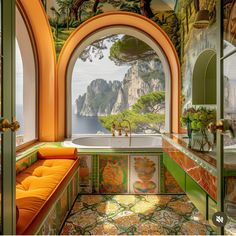 a bathroom with an arched window and painted mural on the wall, along with a bathtub