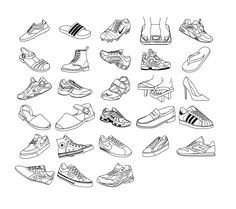 a bunch of shoes that are drawn in black and white