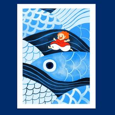 a painting of a boy sitting on top of a fish in the ocean with waves