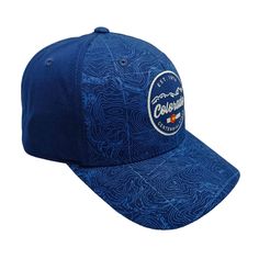 Structured curved bill hat. Topo map printed on front two panels and visor. Embroidered design on front. Two-toned snapback. Navy/Red. Usa Tank Top, Usa Tank, Topo Map, Base Camp, Hat Shop, Long Hoodie, Embroidered Design, How To Make Ornaments, Map Print